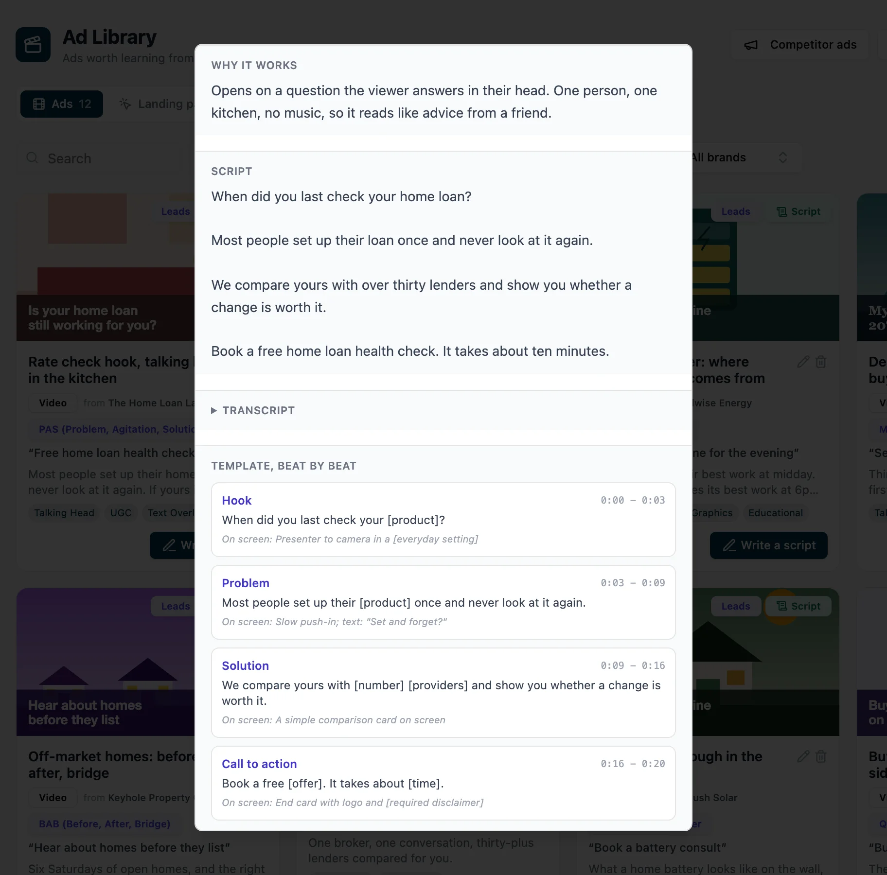 A competitor's saved video ad open over the Ad Library, showing why it works, its script, and a template of four timed beats with placeholders.