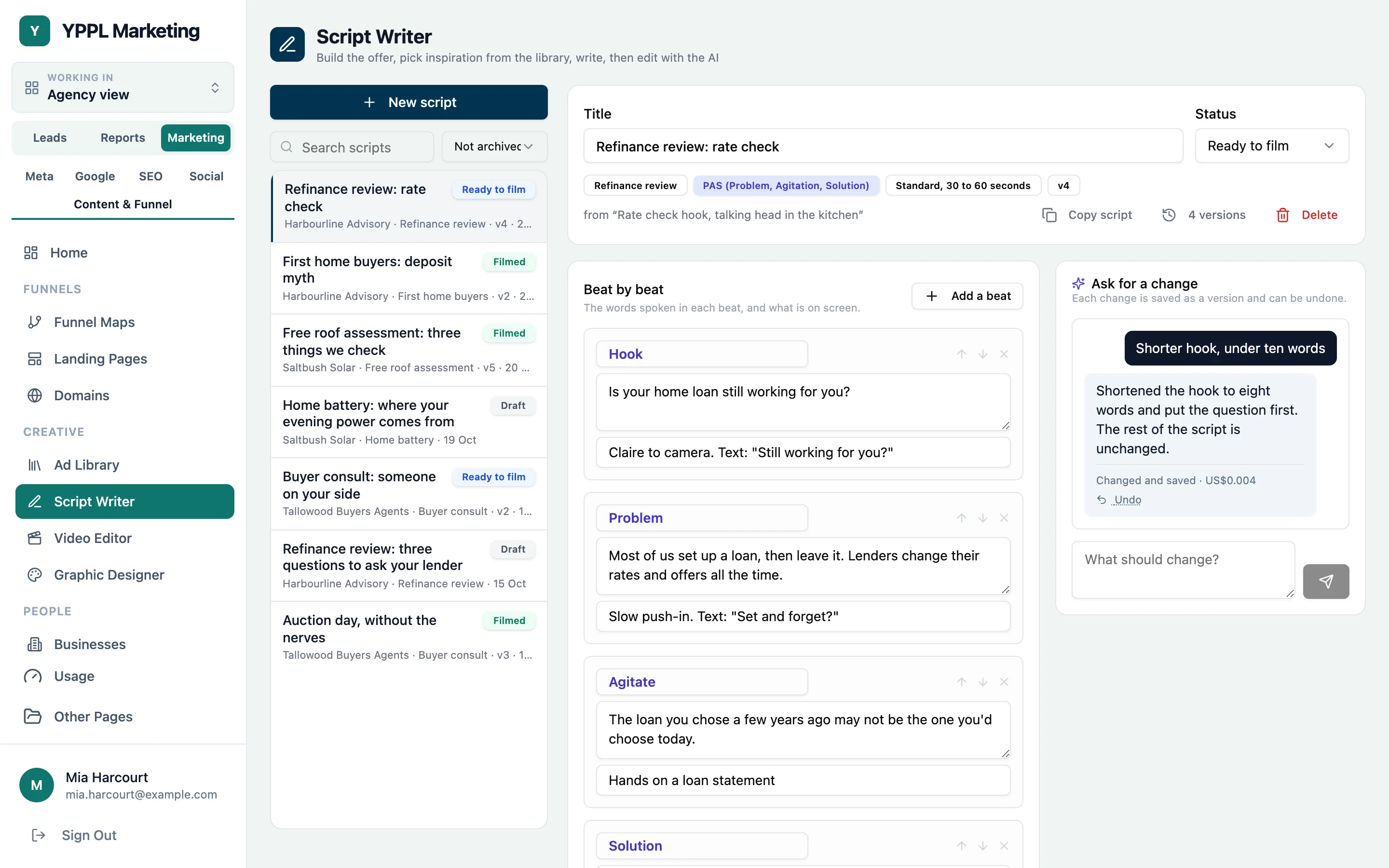 The Script Writer: a list of scripts with their status, and one script open with its beats and an AI change request that has been saved as version 4.