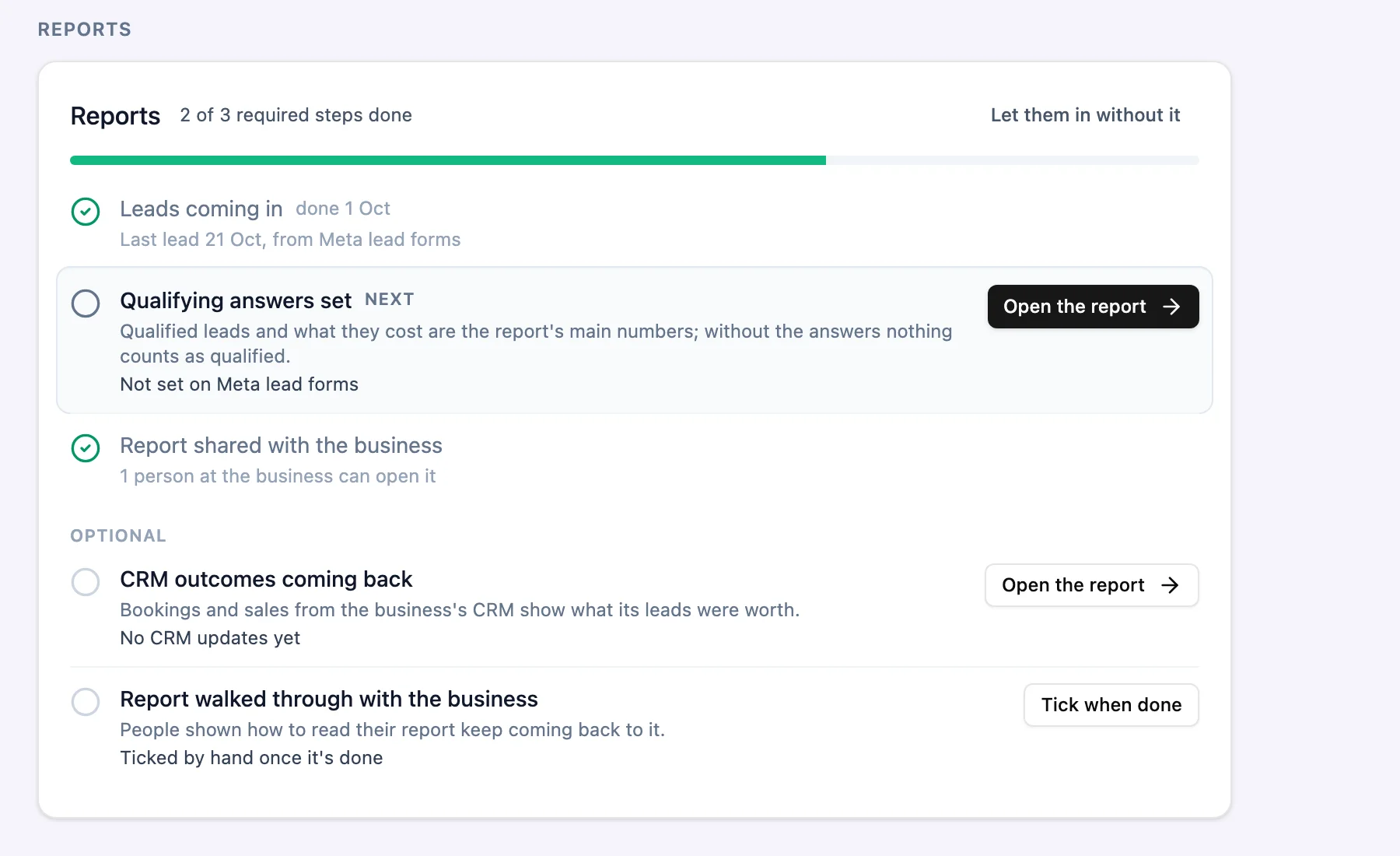 The Reports section of Tallowood Buyers Agents' set-up checklist: two of three required steps ticked, the next step, qualifying answers, picked out with an Open the report button, and two optional steps below.